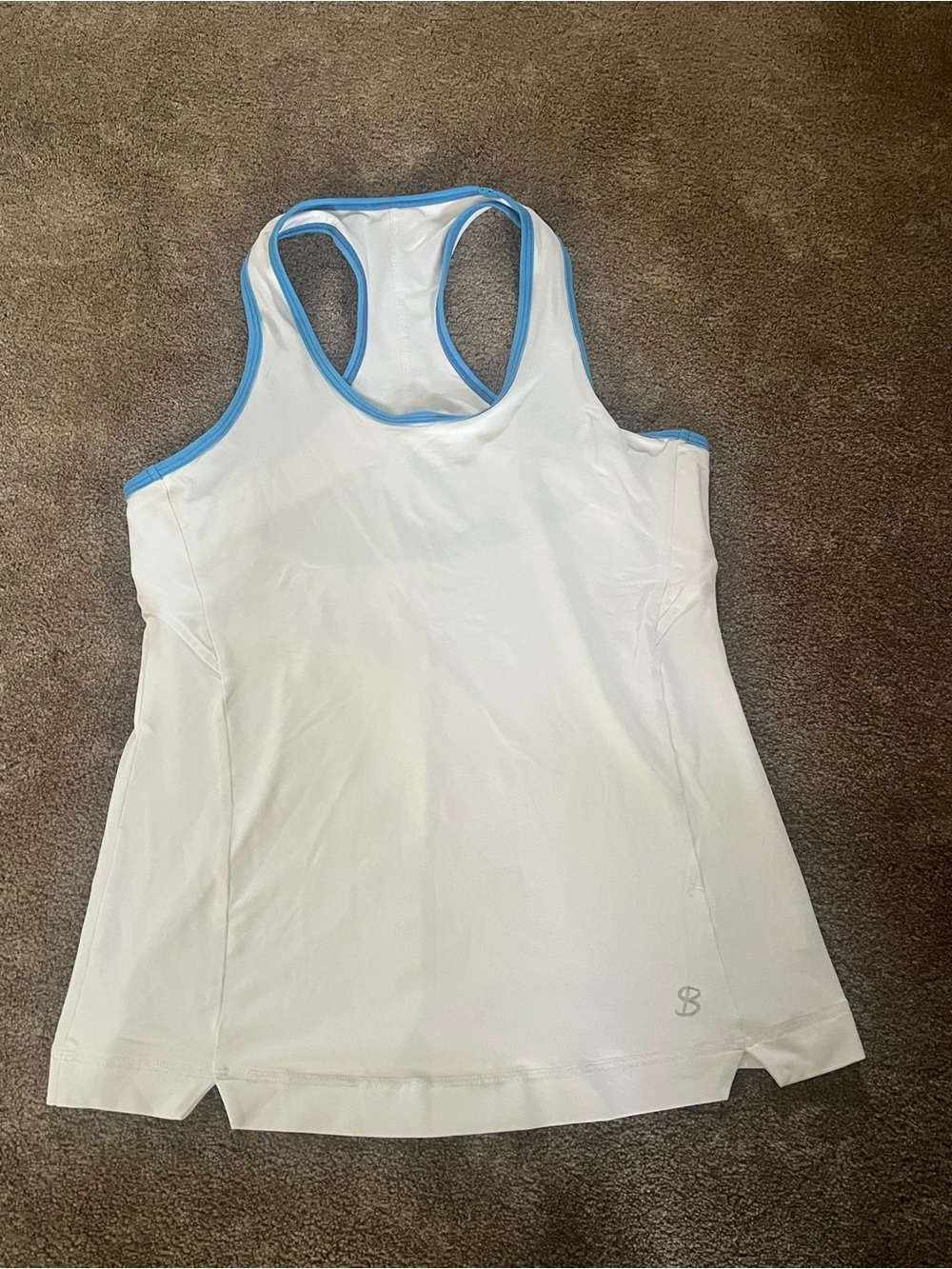 Women's White Racerback Tank with Light Blue Trim
